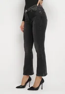 Spodnie damskie - Ciemnoszare Jeansy Dzwony z Cyrkoniami w Pasie Afruve - miniaturka - grafika 1