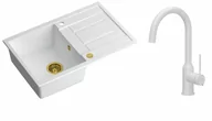 Zlewozmywaki z baterią - Quadron Zlewozmywak granitowy jednokomorowy 78*50*22 cm z ociekaczem MORGAN 111 SNOW WHITE ze złotym odpływem z baterią INGRID Q LINE SNOW WHITE kolor biały mat - miniaturka - grafika 1