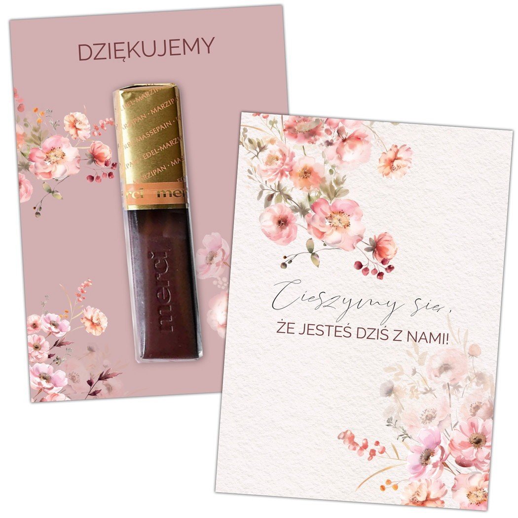 BILECIKI podziękowanie do Merci Różowe Kwiaty 10szt