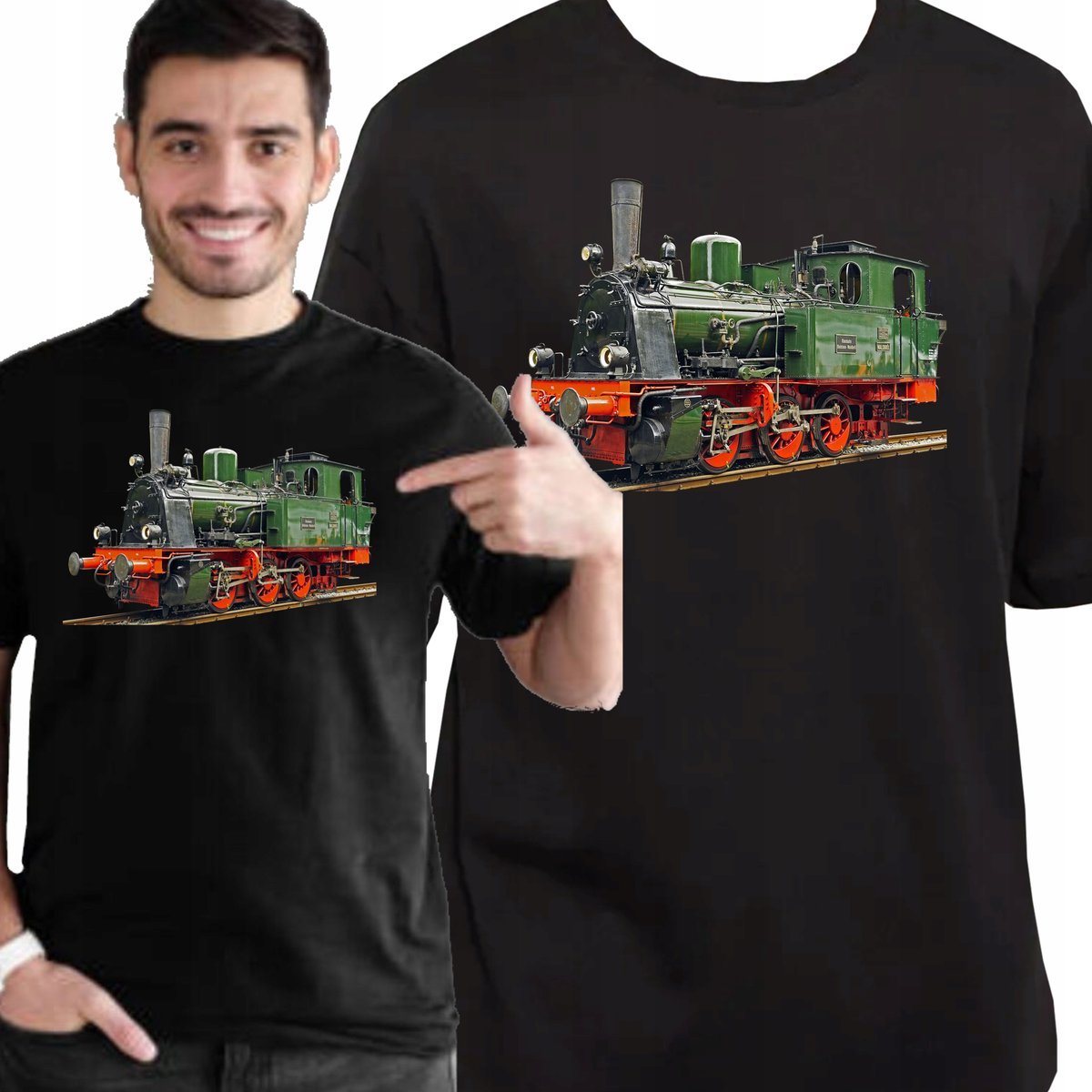 KOSZULKA NADRUK POCIĄG PAROWÓZ DLA FANA POCIĄGÓW LOKOMOTYWA L 3411 CZARNA