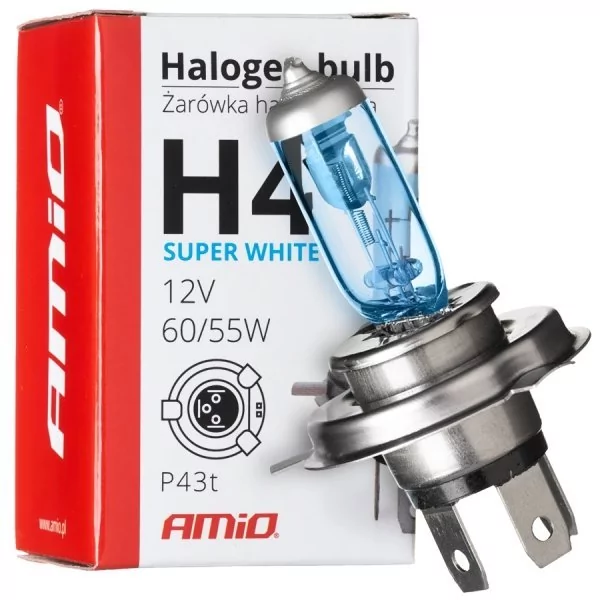 AMiO 01269 Żarówka halogenowa H4 12V 60/55W filtr UV (E4) Super White AMI-01269