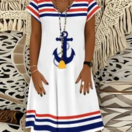 Sukienki - TEMU Letnia Sukienka w Stylu Morskim z Paskami i Kotwicą – Granatowa, Czerwona, Biała – A-linia, Nadruk, Dekolt w Serek, Krótki Rękaw - miniaturka - grafika 1
