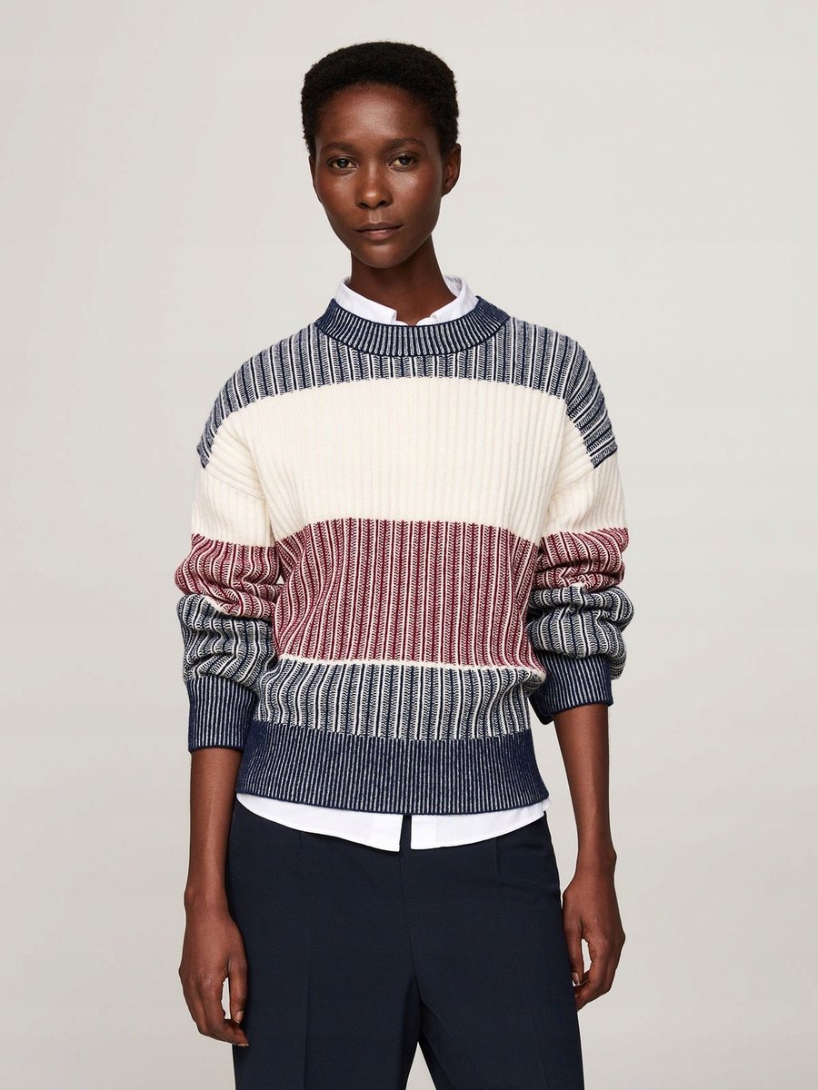 TOMMY HILFIGER SWETER DAMSKI PASKI WEŁNA GŁADKI S XTA