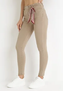 Beżowe Spodnie Skinny z Wysokim Stanem i Kokardką przy Pasie Diorene - Spodnie damskie - miniaturka - grafika 1