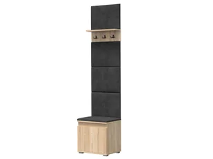 Meblowa1 szafka na buty z siedziskiem, panel na ubrania, półka ścienna z 3 haczykami, 4 panele, szare siedzisko, dąb Sonoma, 50x214x37 cm - Szafki na buty - miniaturka - grafika 1