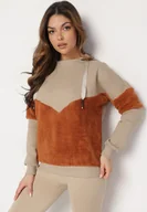 Bluzy damskie - Beżowa Dwukolorowa Bluza z Bawełny z Polarowymi Wstawkami i Kapturem Dikea - miniaturka - grafika 1
