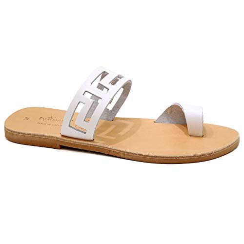 Emmanuela Antique Greek Handmade Skórzane Płaskie Płaskie Ringsandals, Wysokiej Jakości Pasek Sandały, Letnie Buty dla Kobiet, Suwaków Sandals Z Otwartymi Palecami, Biały 36