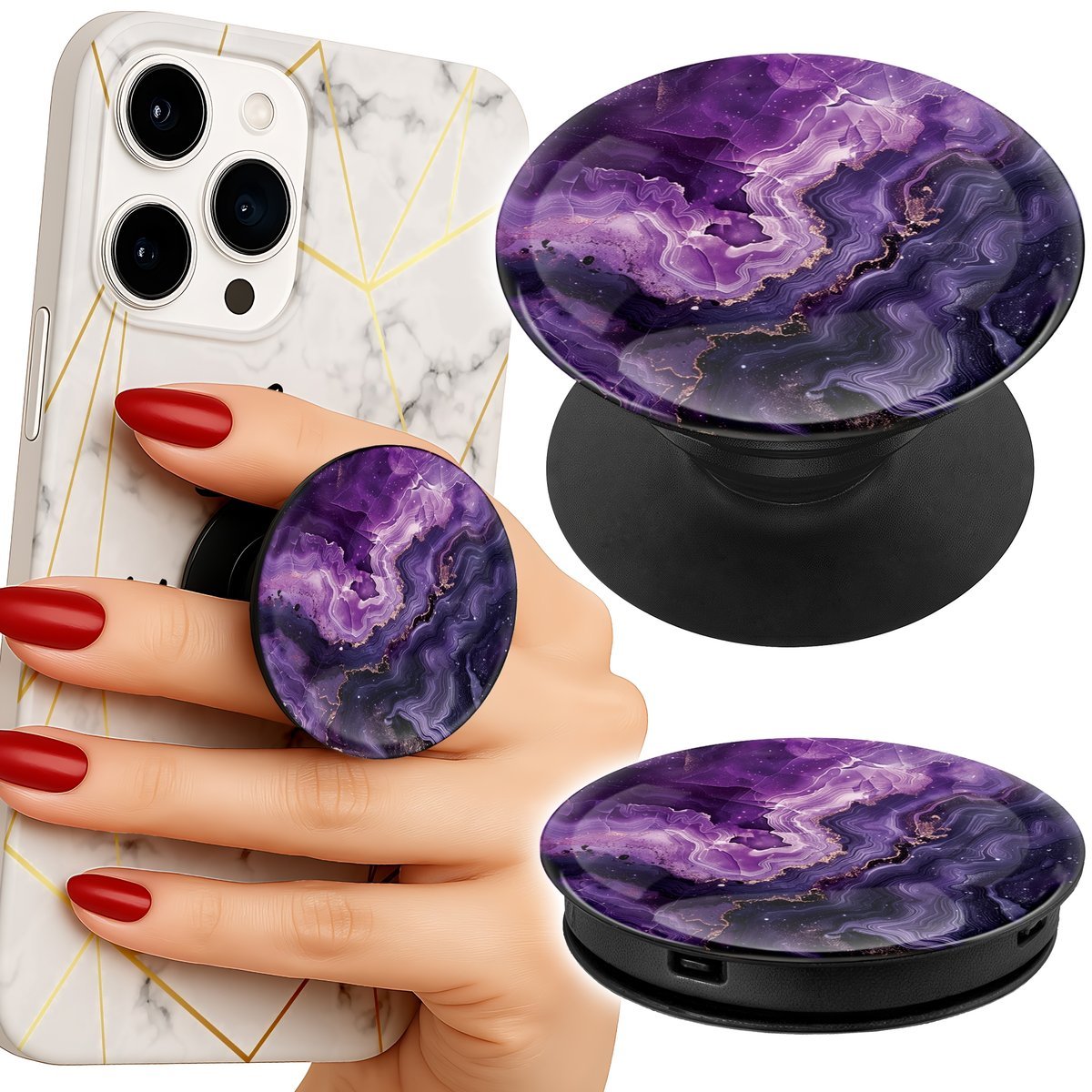 Uchwyt do telefonu Popsocket na palce / stojak - FIOLETOWY MARMUREK MODNE