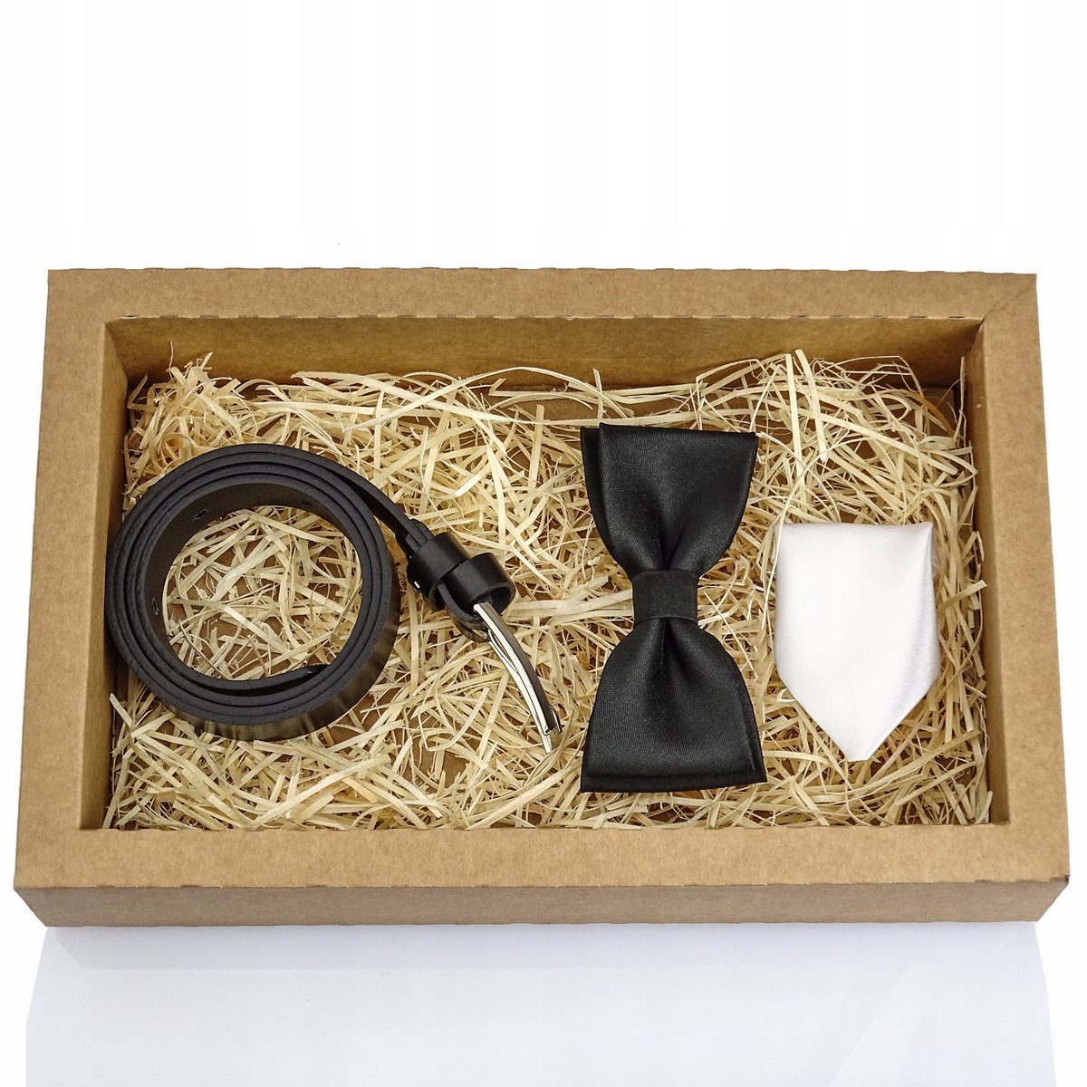 ZESTAW GRACIO PASEK CZARNY SKÓRZANY MUCHA CHŁOPIĘCA POSZETKA BIAŁA KOMUNIA