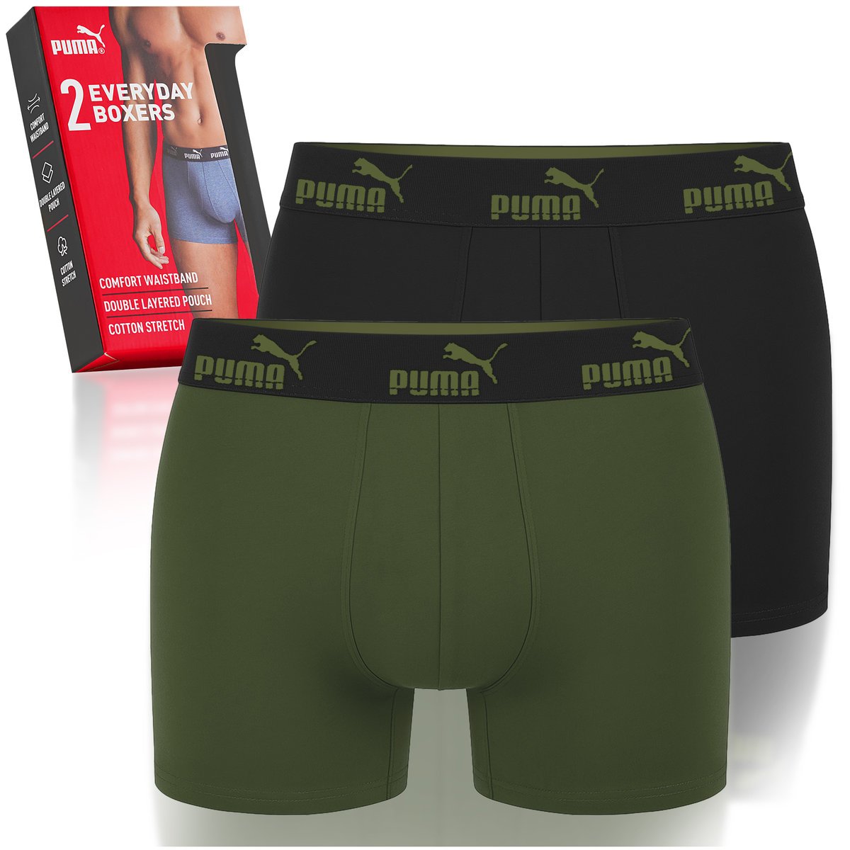 PUMA Bokserki Męskie 2 Sztuki Bawełna Zielone Black Khaki Logo Rozmiar L