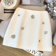 Spódnice - TEMU Elegancka i Modna Spódnica Damska w Jednolitym Kolorze na Jesień/Zimę Ręcznie Osadzone Ozdoby z Kryształków, Seksowny i Swobodny Fason - miniaturka - grafika 1