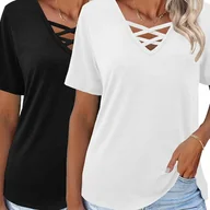 Bluzki damskie - TEMU 2 szt. Damskie T-shirty z Dekoltem w Serek i Krzyżującym Przodem - Casualowe, Luźne Bluzki z Krótkim Rękawem, Jednokolorowe Letnie Topiki do - miniaturka - grafika 1