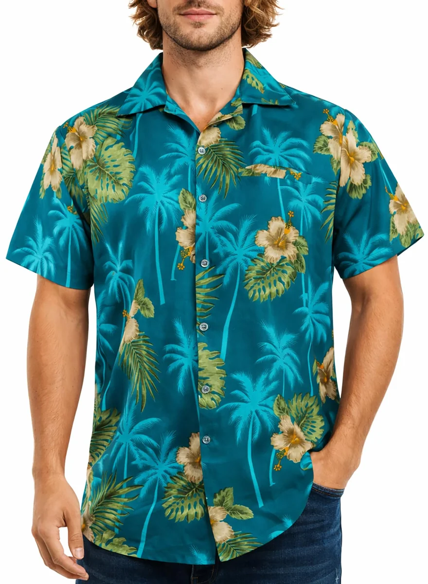 King Kameha Funky-hawajska koszula męska z krótkim rękawem, kieszeń z przodu, małe kwiaty, kwiaty, uniseks, S-flower-design-petrol-zielony, M