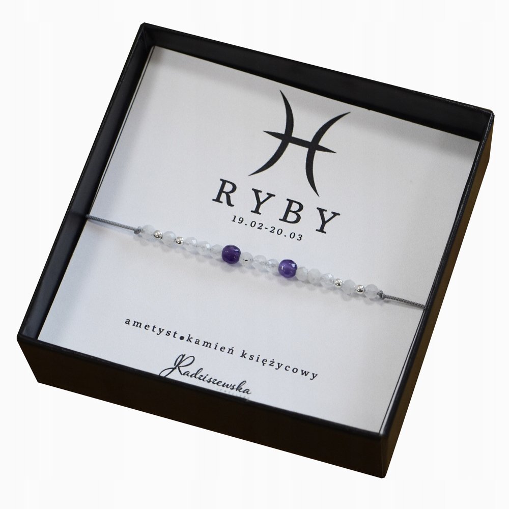 Bransoletka z Kamieni Naturalnych RYBY Zodiak Ametyst Kamień Księżycowy
