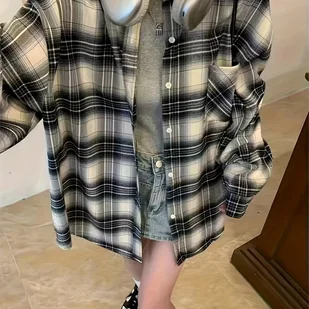 TEMU Koszula Z Kołnierzykiem Polo Z Nadrukiem W Szkocką Kratę, Swobodna Koszula Z Długimi Rękawami Na Wiosnę I Jesień, Odzież Damska - Koszule damskie - miniaturka - grafika 1