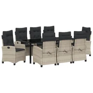 Meble ogrodowe - vidaXL Zestaw obiadowy z 9 elementami i poduszkami Jasnoszary Rattan PE - miniaturka - grafika 1
