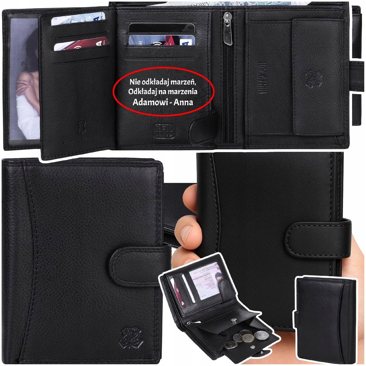 MĘSKI CIEMNY SKÓRZANY PORTFEL DLA CHŁOPAKA KAJMAN Z GRAWEREM SENTENCJĄ IMIĘ