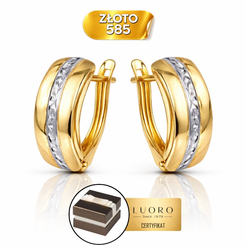 KOLCZYKI ZŁOTE 585 14K DIAMENTOWANE DWA KOLORY ZŁOTA PROSTOKĄT 1,5 CM