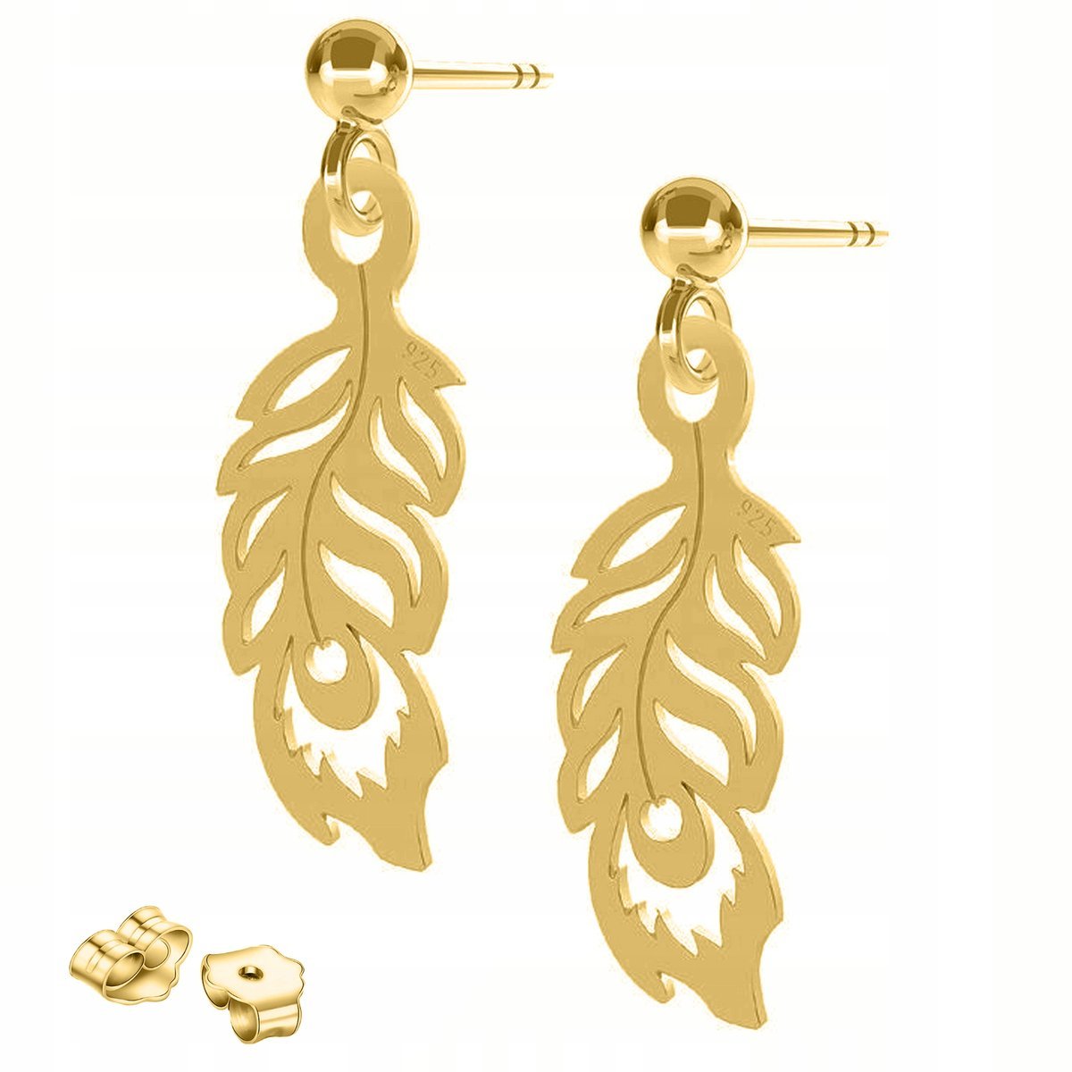 Złote Kolczyki Pióra Ozdobne Piórka Pawie Blaszki z Piórami SREBRO 925