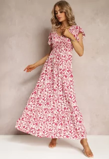 Sukienki - Różowa Rozkloszowana Sukienka z Wiskozy w Kwiaty Ghedjed - grafika 1