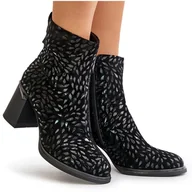 Botki damskie - S.Barski Zamszowe Botki Na Słupku Z Ozdobnym Tłoczeniem D&A CR42-192 Czarne - miniaturka - grafika 1