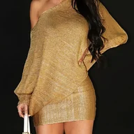 Sukienki - TEMU Damska asymetryczna długa bluzka midi z złotymi brokatowymi detalem - elastyczny blend poliestru, do kolan, okrągły dekolt, idealna na - miniaturka - grafika 1