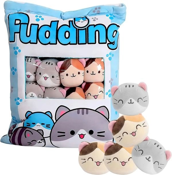 Poduszka Pudding Z Pluszowymi Kotkami Przytulanka Dla Dzieci Niebieska
