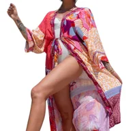 Bluzki damskie - Pareo kolorowe długa narzutka plażowa tunika z paskiem - miniaturka - grafika 1