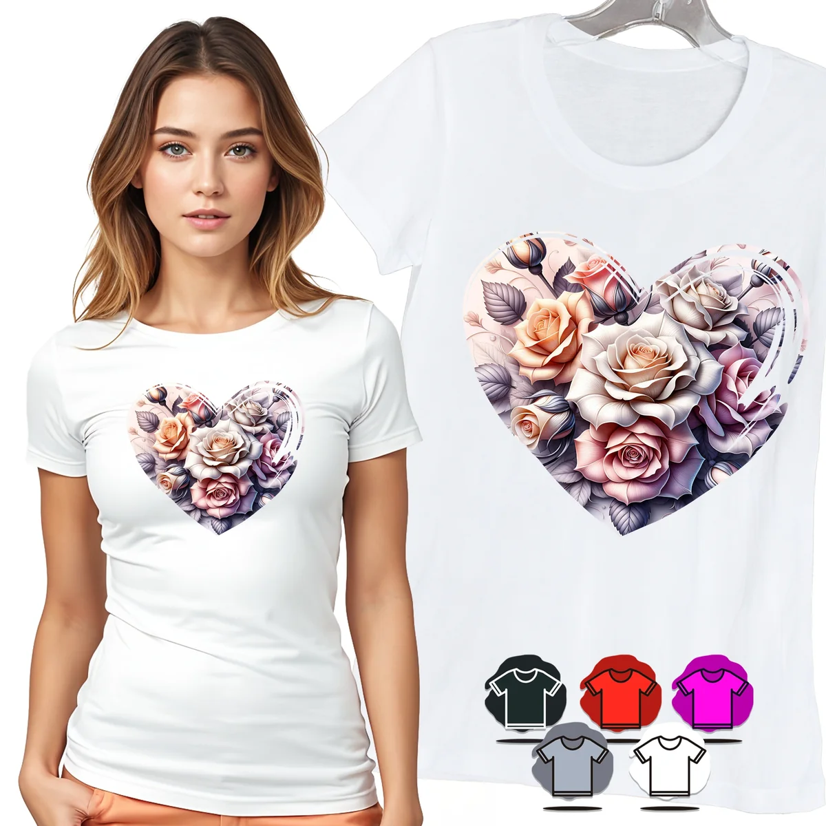 KOSZULKA DAMSKA T-SHIRT - SERCE Z RÓŻAMI PASTELOWE KWIATY WZÓR MODA - L