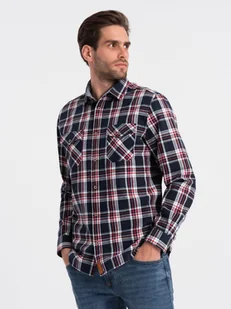 Męska koszula flanelowa z zapinanymi kieszeniami - czerwono-granatowa OM-SHCS-0137 - Ombre Clothing - Koszule męskie - miniaturka - grafika 1