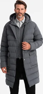 Kurtka męska Ombre Długa pikowana męska kurtka z klapami i podpinką grafitowa V2 OM-JALJ-0177 XXL - Kurtki męskie - miniaturka - grafika 1