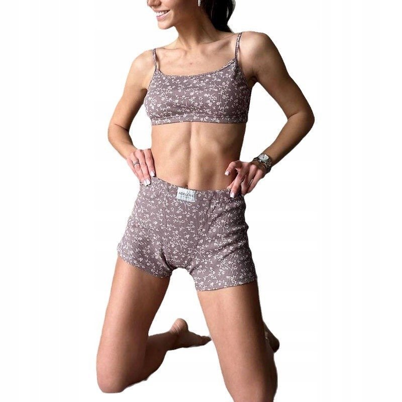 Letni Komplet Dwuczęściowy Top Spodenki Piżama Kwiaty Brązowy Zestaw M