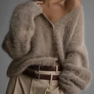 Bluzy damskie - TEMU 2025 Elegancka Kardiganowa Bluza Damska z Dekoltem w Serek – Luźny Krój, Długi Rękaw na Guziki, Średnio Elastyczna Jednokolorowa do Warstwowania - miniaturka - grafika 1