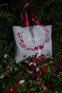 TORBA maxi /szara SZOPERKA XL, autorski print RADOŚĆ (100% sztywna BAWEŁNA) - Torby i wózki na zakupy - miniaturka - grafika 1
