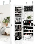 Biżuteria - akcesoria - COSTWAY Szafka na biżuterię z oświetleniem LED, stojak na biżuterię z pełnowymiarowym lustrem, szafka na biżuterię z 4 szufladami, 4 półki na biżuterię i kosmetyki, drzwiczki i szafka ścienna (biała) - miniaturka - grafika 1