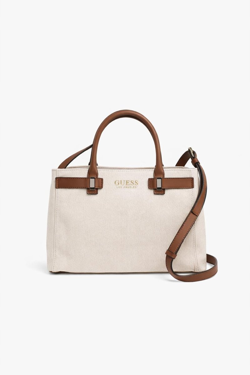 GUESS BEŻOWA TOREBKA KLASYCZNA Z BRĄZOWYMI UCHWYTAMI 32x22x13 1GŁA