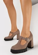 Półbuty damskie - Ciemnobeżowe Półbuty na Słupku z Ozdobnymi Wycięciami i Paskiem ze Skórzaną Wkładką Jorinia - miniaturka - grafika 1