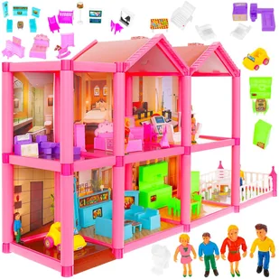 Domek dla Lalek Willa + 4 Lalki + Mebelki 32 el XL ISO TRADE - Domki dla lalek - miniaturka - grafika 1