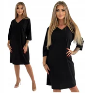 Sukienki - ELEGANCKA TRAPEZOWA CZARNA SUKIENKA Z DEKOLTEM W SEREK ROZMIAR 46 - miniaturka - grafika 1