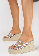 Klapki i japonki damskie - Srebrne Klapki z Plecionki na Koturnie z Paseczkami Jelvina - miniaturka - grafika 1