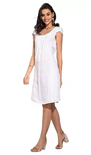 Sukienki - Sukienka damska 100% lniana Made in Italy, długa sukienka z okrągłym dekoltem, z przodu z krótkim rękawem, biała, rozmiar: XL, biały, XL - grafika 1