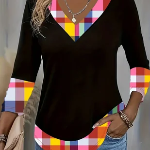 TEMU Elegancka bluzka damska z dekoltem w serek - & Kolorowa koszula w kratę z wielokolorowymi (różowym, zielonym, żółtym, fioletowym, pomarańczowym, - Bluzki damskie - miniaturka - grafika 1