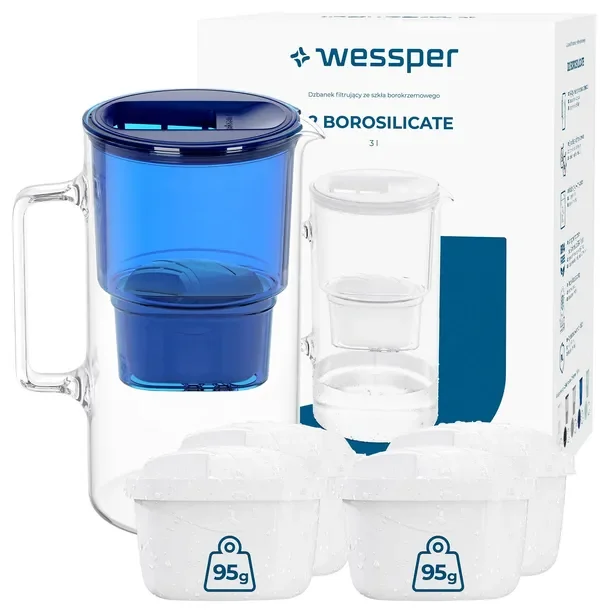 Dzbanek filtrujący szklany Wessper D2 Borosilicate 3l + 5x filtr Aquamax
