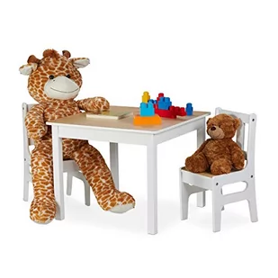 Relaxdays stół dziecięcy z 2 krzesłami, zestaw mebli do zabawy, zestaw 3-częściowy, wytrzymały, MDF, biały/naturalny, 48 x 60 x 60 cm - Stoliki dla dzieci - miniaturka - grafika 1