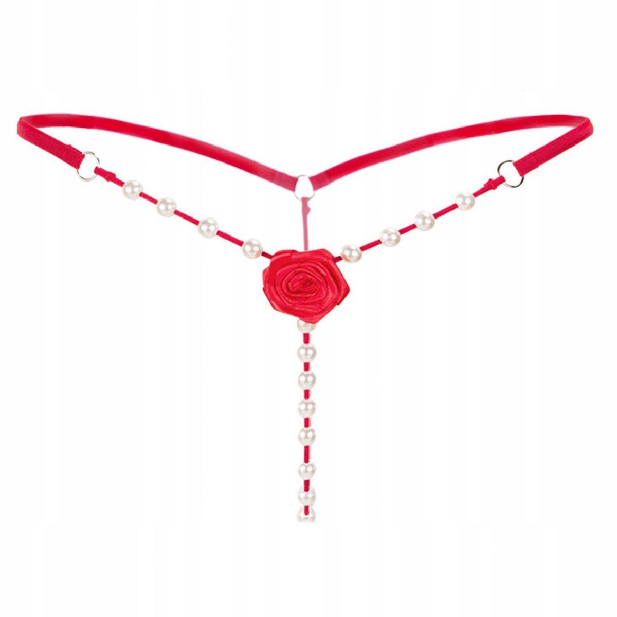 Stringi koronkowe czerwone paseczki perełki - S/M