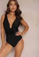 Stroje kąpielowe - Czarny Strój Kąpielowy Jednoczęściowy Ozdobiony Aplikacją Kwiatu 3D z Usztywnieniem Seliris - miniaturka - grafika 1