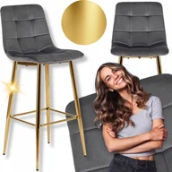 Taborety i hokery - Hoker Krzesło Barowe z Oparciem Do Jadalni Glamour Welur Popiel Złoty ARIEL - miniaturka - grafika 1