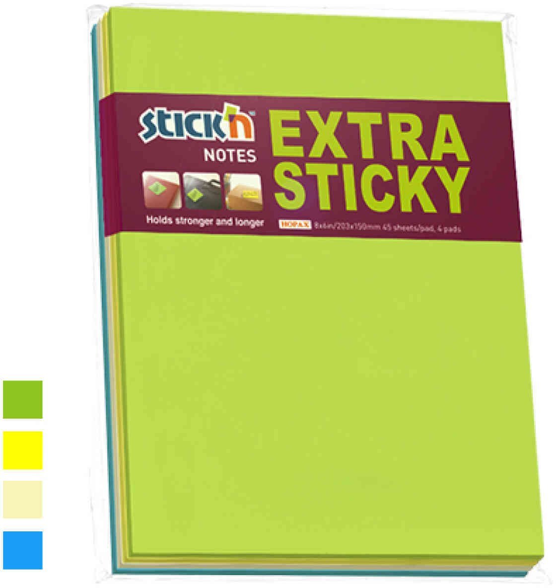 Stickn Notes Stick'N ekstra sticky 203x150mm 45 blade ass. 4blk/pak