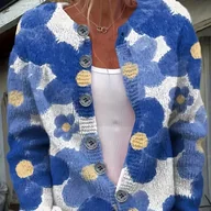 Swetry damskie - TEMU Elegancki kardigan damski z nadrukiem kwiatowym i żółtą koronką - Błękitno-biała wzór, długi rękaw, zapinany na guziki sweter na wiosnę/jesień, - miniaturka - grafika 1