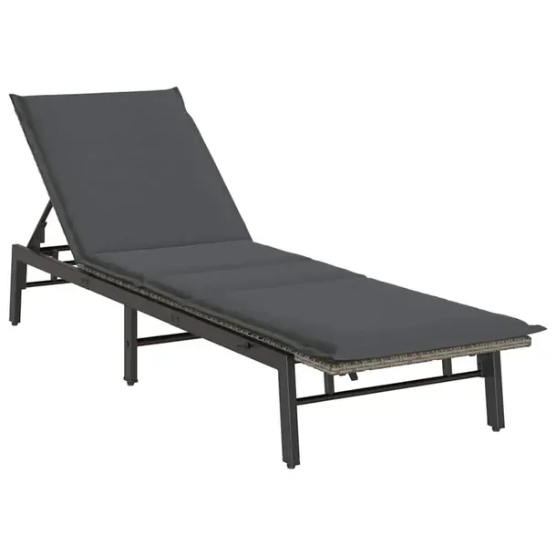 Leżak ogrodowy szary z regulowanym oparciem, rattan PE, 200 x 59 x 67 cm